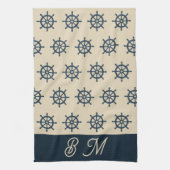 navy blue ship wheel & Monogram Beige Coastal home キッチンタオル (縦)