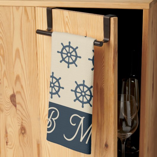 navy blue ship wheel & Monogram Beige Coastal home キッチンタオル (三つ折り)