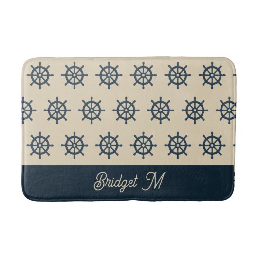 navy blue ship wheel & Monogram Beige Coastal home バスマット (正面)