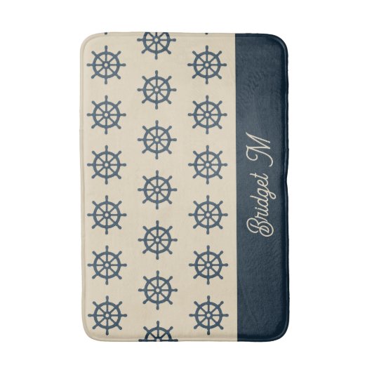 navy blue ship wheel & Monogram Beige Coastal home バスマット (正面縦)