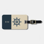 navy blue ship wheel & Monogram Beige Coastal home ラゲッジタグ (正面横)