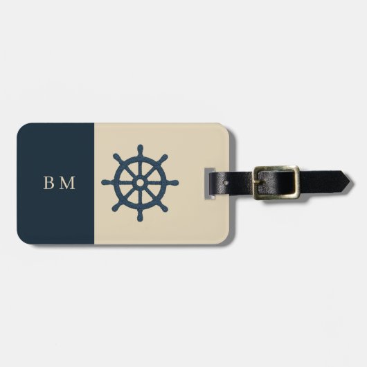 navy blue ship wheel & Monogram Beige Coastal home ラゲッジタグ (正面横)