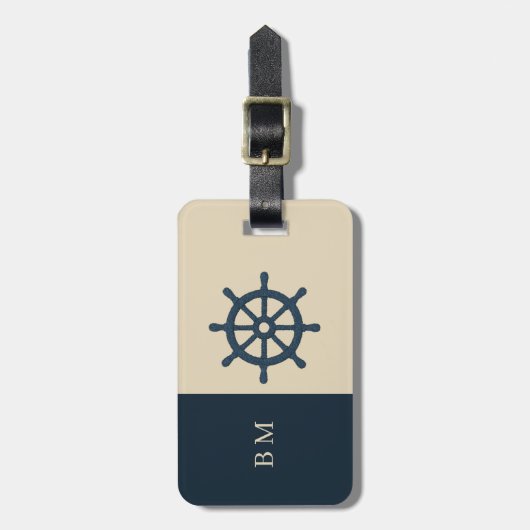 navy blue ship wheel & Monogram Beige Coastal home ラゲッジタグ (正面縦)