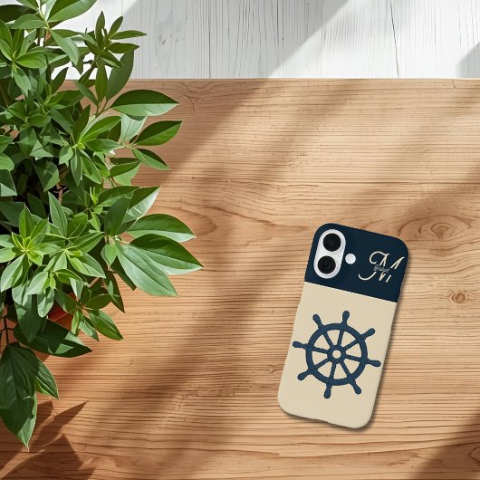 navy blue ship wheel & Monogram Beige Coastal home Case-Mate iPhoneケース
