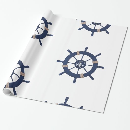 Navy Blue Ship Wheel Nautical ラッピングペーパー (アンロールド)