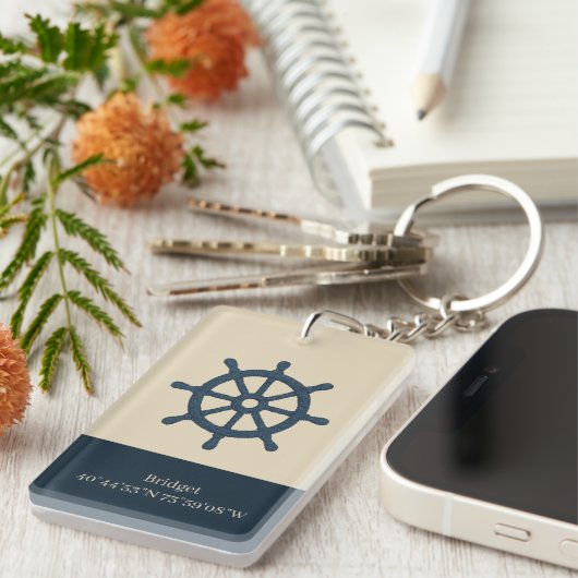 navy blue ship wheel with Name and Coordinates キーホルダー (正面右)