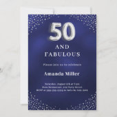 Navy blue silver 50th fabulous birthday invitation 招待状 (正面)