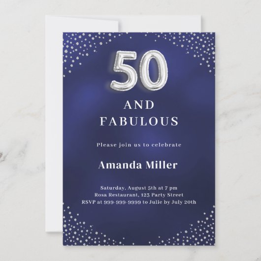 Navy blue silver 50th fabulous birthday invitation 招待状 (正面)