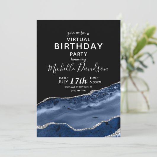 Navy Blue & Silver Agate仮想誕生日Invitati 招待状 (スタンド正面)