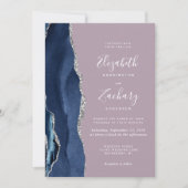 Navy Blue Silver Agate Mauve QR Code Wedding 招待状 (正面)
