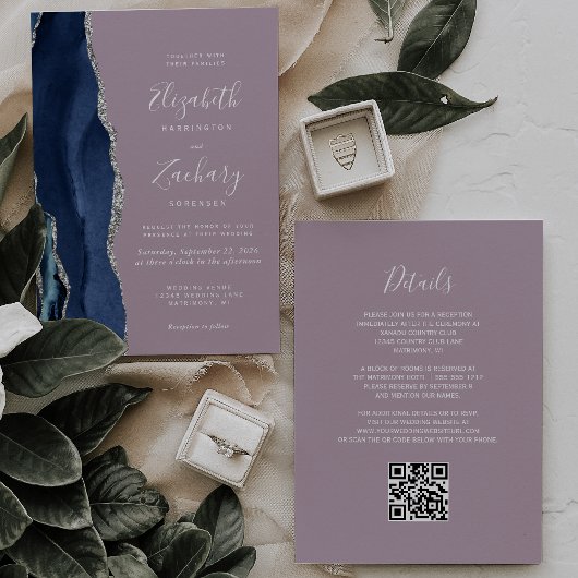 Navy Blue Silver Agate Mauve QR Code Wedding 招待状