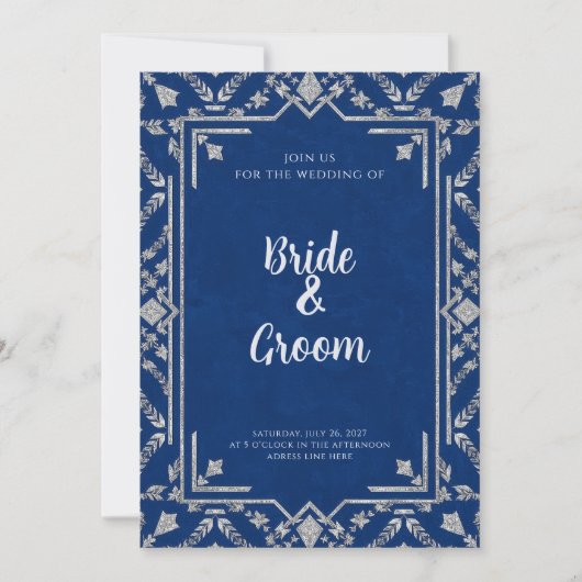 Navy Blue Silver Botanical Snowflake Winter 招待状 (正面)