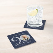 Navy Blue Silver Custom Photo 90th Birthday スクエアペーパーコースター (インサイチュ)