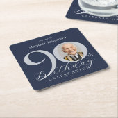 Navy Blue Silver Custom Photo 90th Birthday スクエアペーパーコースター (アングル)