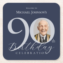 Navy Blue Silver Custom Photo 90th Birthday