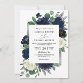 Navy Blue Silver Elegant Floral QR Code Wedding 招待状 (正面)