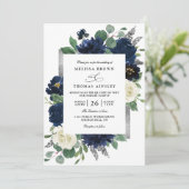 Navy Blue Silver Elegant Floral QR Code Wedding 招待状 (スタンド正面)