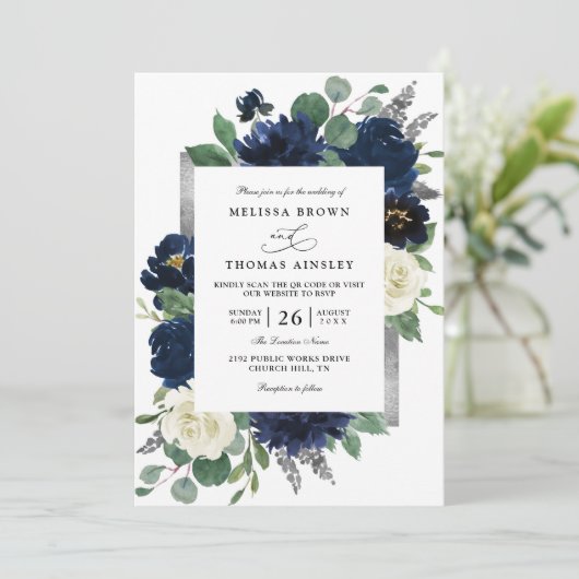 Navy Blue Silver Elegant Floral QR Code Wedding 招待状 (スタンド正面)