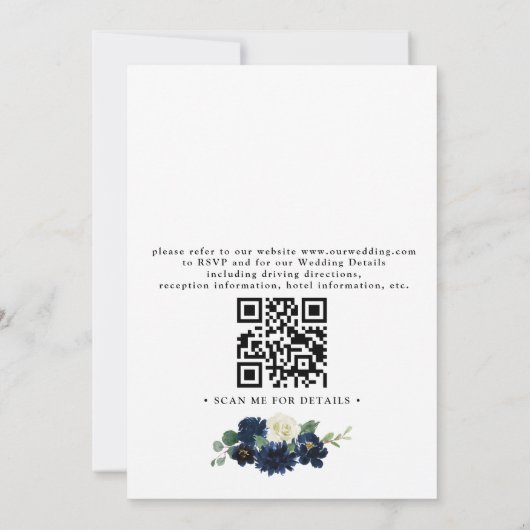 Navy Blue Silver Elegant Floral QR Code Wedding 招待状 (裏面)