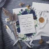 Navy Blue Silver Elegant Floral QR Code Wedding 招待状