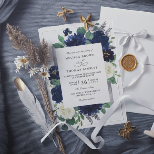 Navy Blue Silver Elegant Floral QR Code Wedding 招待状
