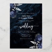Navy Blue Silver Floral Elegant Wedding 箔招待状 (正面)
