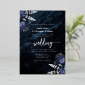 Navy Blue Silver Floral Elegant Wedding 箔招待状 (立ち正面)