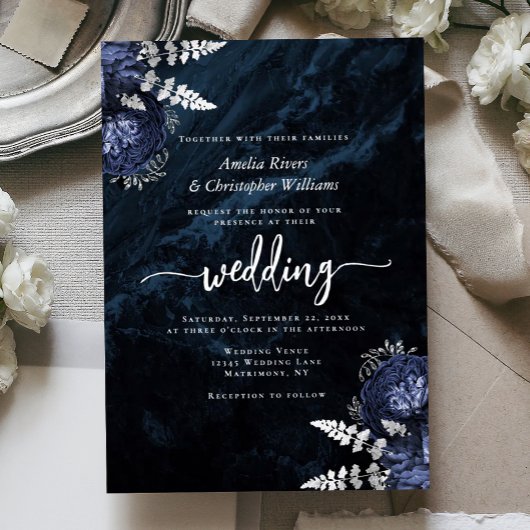 Navy Blue Silver Floral Elegant Wedding 箔招待状
