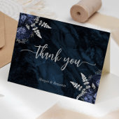 Navy Blue Silver Floral Script Wedding サンキューカード