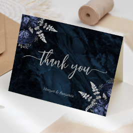 Navy Blue Silver Floral Script Wedding サンキューカード