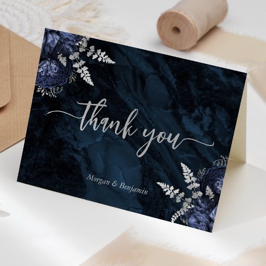 Navy Blue Silver Floral Script Wedding サンキューカード