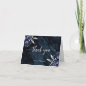 Navy Blue Silver Floral Script Wedding サンキューカード (正面)