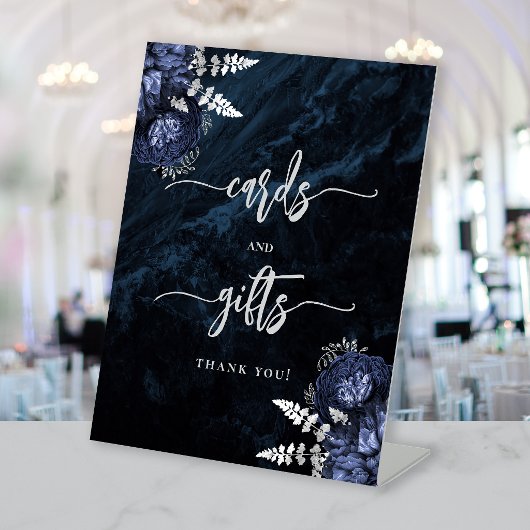 Navy Blue Silver Floral Wedding Cards Gifts 台座サイン