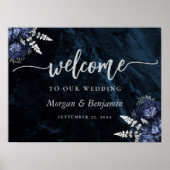 Navy Blue Silver Floral Wedding Welcome ポスター (正面)