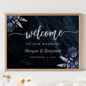 Navy Blue Silver Floral Wedding Welcome ポスター