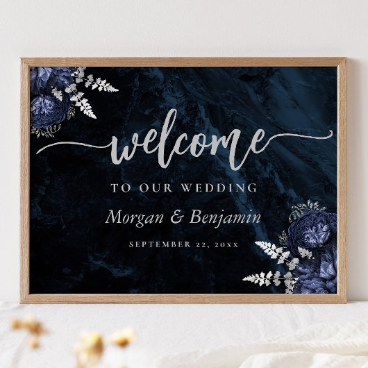 Navy Blue Silver Floral Wedding Welcome ポスター