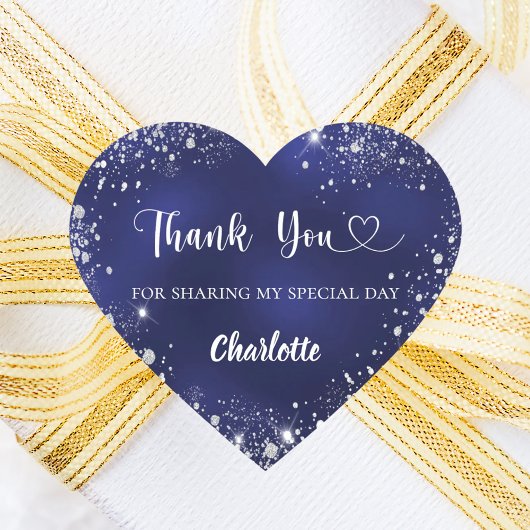 Navy blue silver glitter heart thank you birthday ハートシール