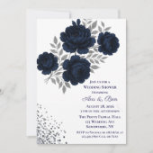 Navy Blue & Silver Glitter Leaves Wedding Shower 招待状 (正面)