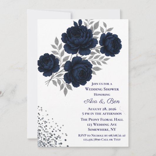 Navy Blue & Silver Glitter Leaves Wedding Shower 招待状 (正面)