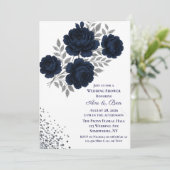 Navy Blue & Silver Glitter Leaves Wedding Shower 招待状 (スタンド正面)