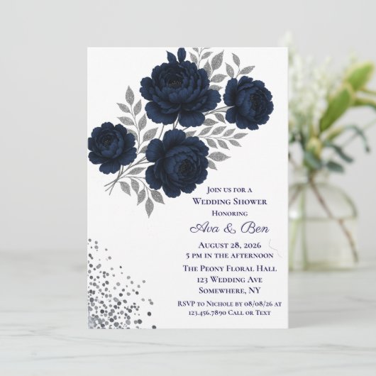 Navy Blue & Silver Glitter Leaves Wedding Shower 招待状 (スタンド正面)