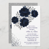 Navy Blue & Silver Glitter Leaves Wedding Shower 招待状 (正面/裏面)