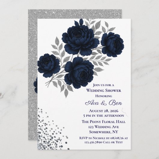 Navy Blue & Silver Glitter Leaves Wedding Shower 招待状 (正面/裏面)