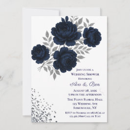 Navy Blue & Silver Glitter Leaves Wedding Shower 招待状