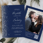 Navy Blue Silver Glitter Photo QR Code Wedding 招待状