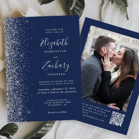 Navy Blue Silver Glitter Photo QR Code Wedding 招待状