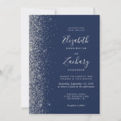 Navy Blue Silver Glitter Photo QR Code Wedding 招待状 (正面)