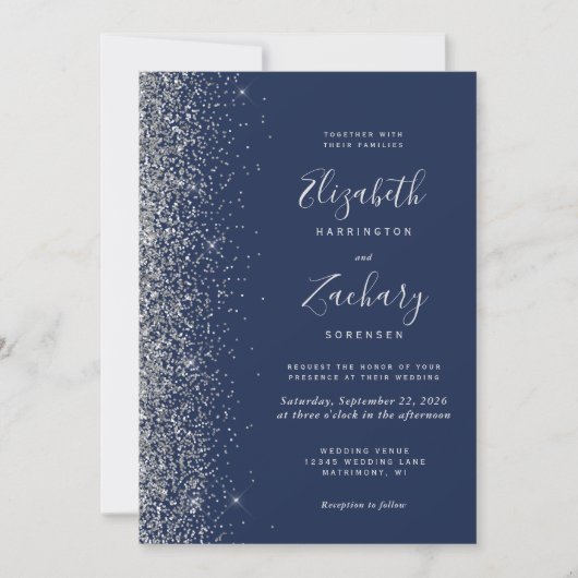 Navy Blue Silver Glitter Photo QR Code Wedding 招待状 (正面)
