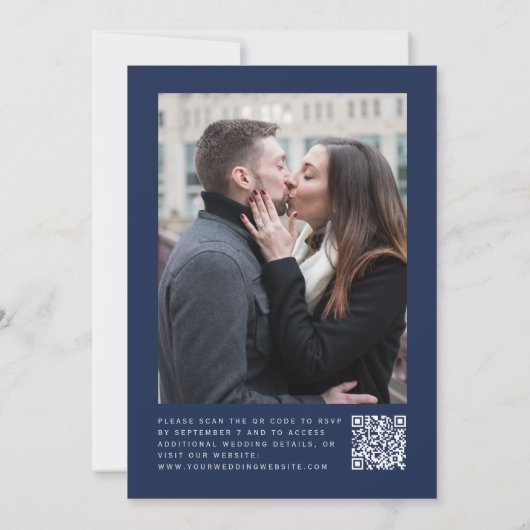 Navy Blue Silver Glitter Photo QR Code Wedding 招待状 (裏面)