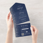 Navy Blue Silver Glitter QR Code Wedding オールインワン招待状 (貼ってはがせる)